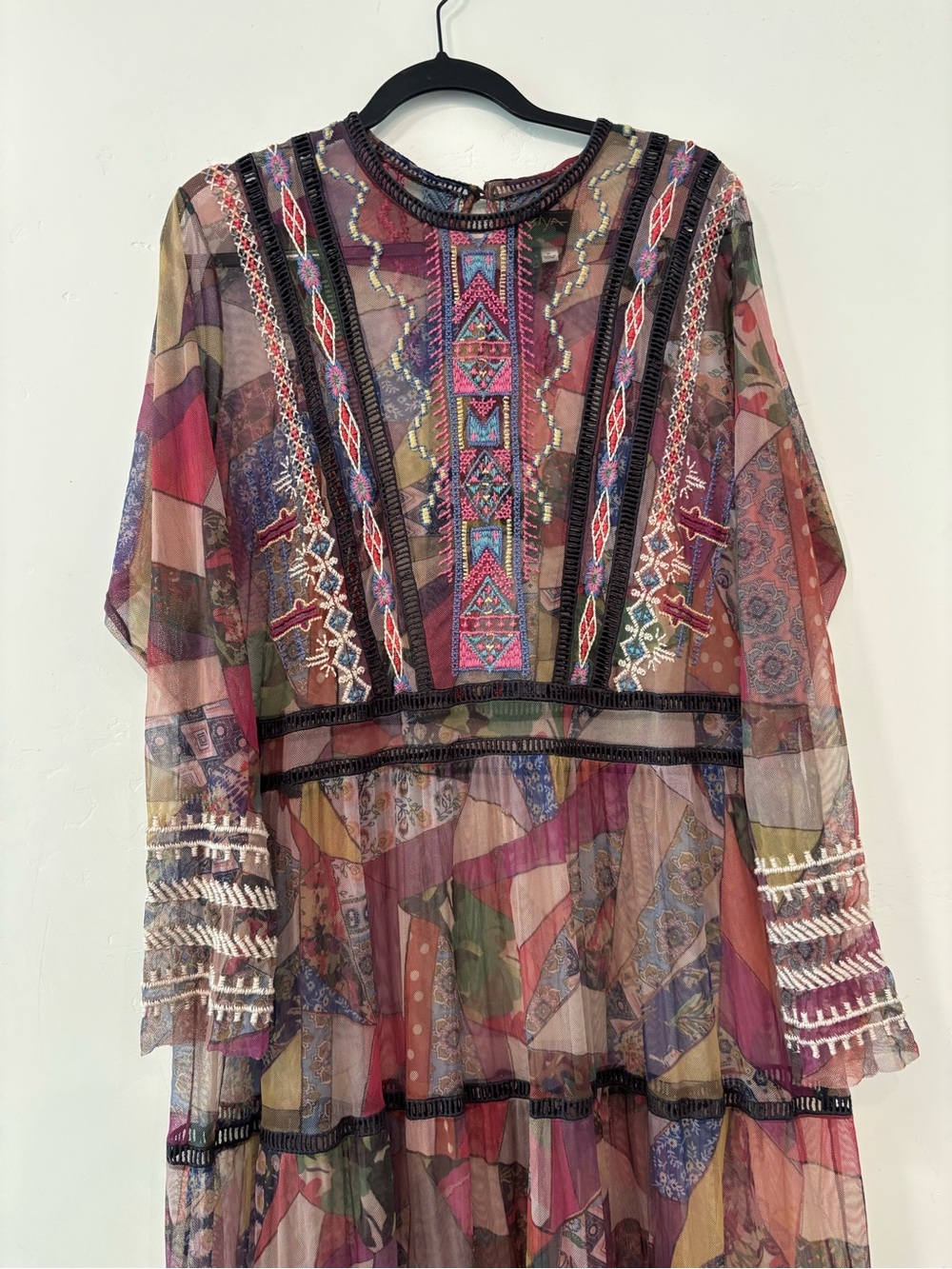 Johnny Was Biya Gervase Sheer Maxi Dress Aztec Romantic Tiered Embroidered XL - Picture 2 of 5